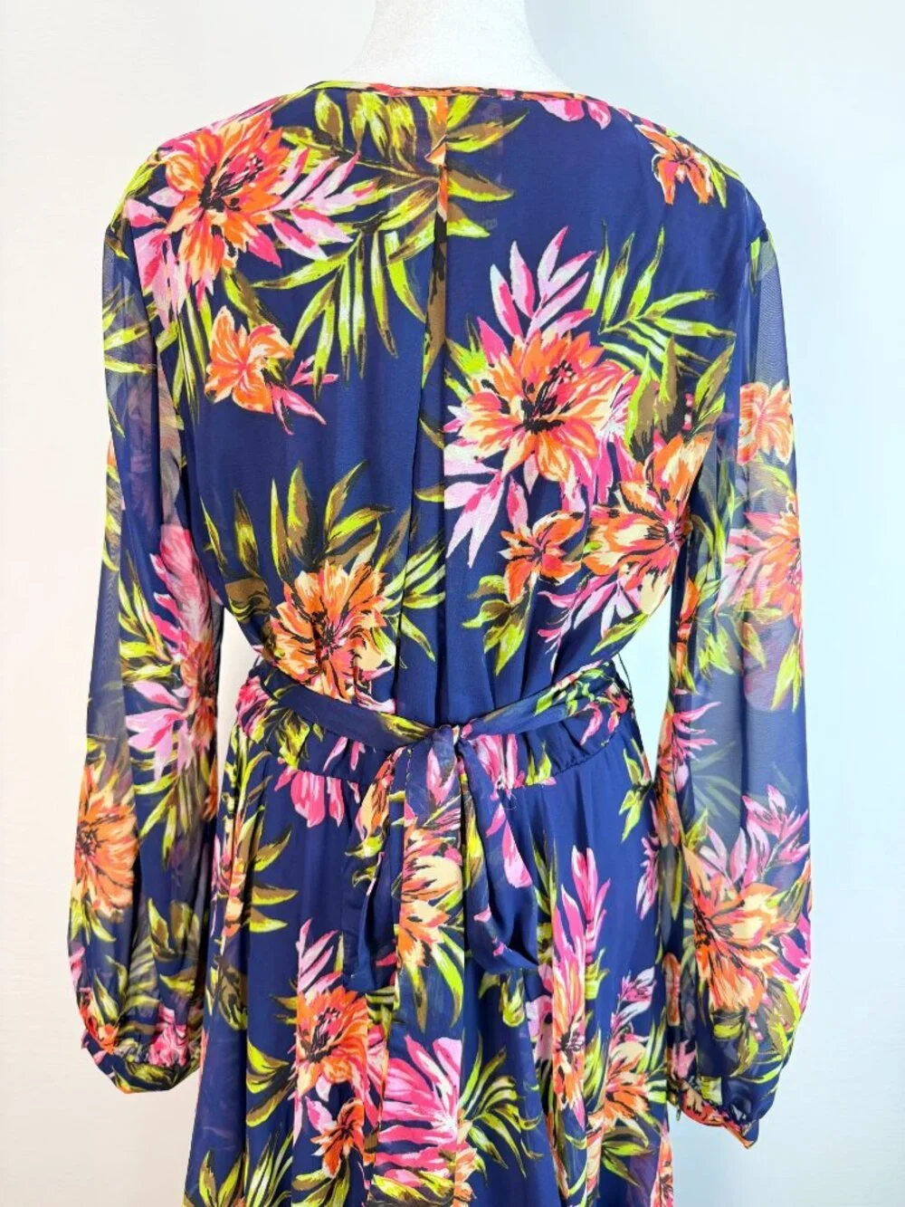 Renn Womens XL Tropical Floral Maxi Dress Blue Long Sleeve Belted NWT - Picture 8 of 16